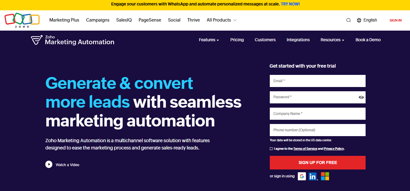 Zoho Marketing Automation platform showing lead scoring and customer journey features